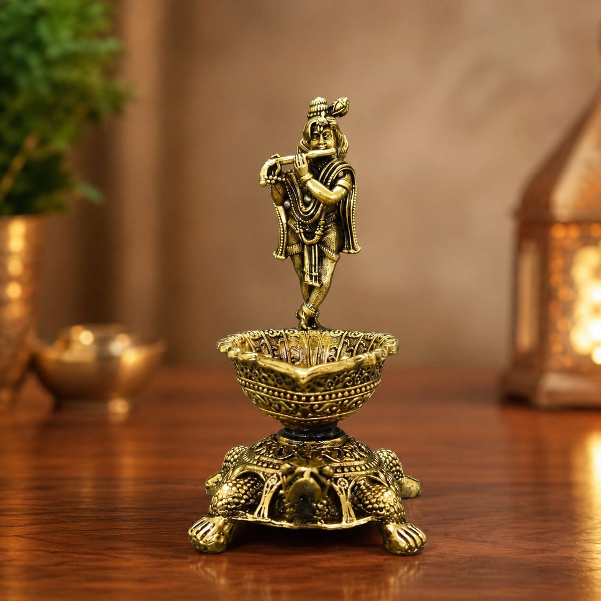 Brass Krishna Diya with Tortoise Base | Antique Finish, Pure Brass, 8.8cm Height, Pooja & Temple Decor, Deepam Oil Lamp