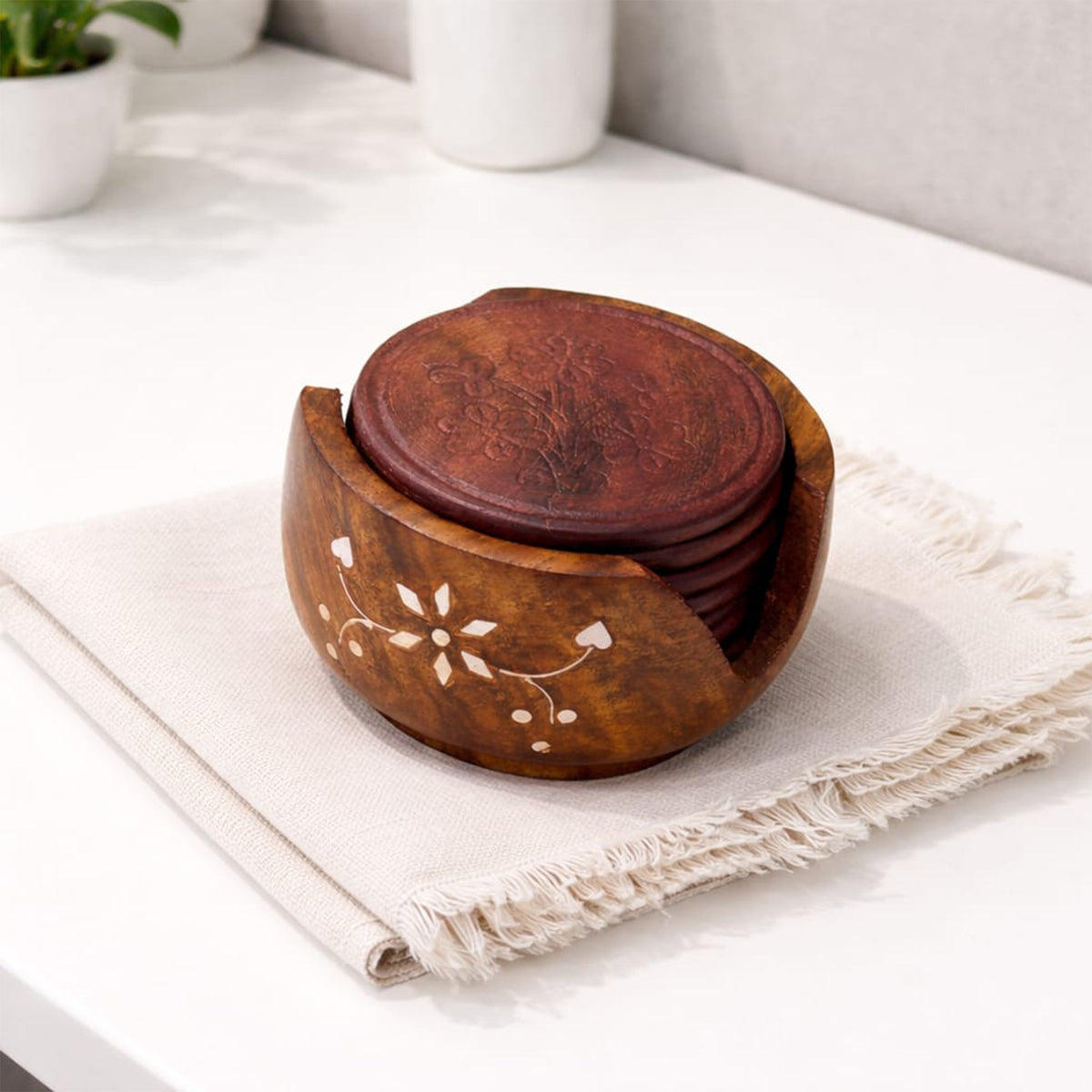Rosewood Wooden Serving Tray with Matching Coaster (Set of 6) | The Indian Aura