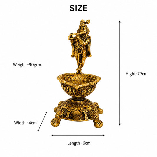 Brass Krishna Diya with Tortoise Base | Antique Finish, Pure Brass, 8.8cm Height, Pooja & Temple Decor, Deepam Oil Lamp
