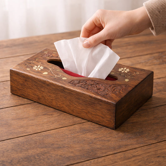 The Indian Aura Handcrafted Wooden Tissue Box Cover with Brass Inlay – Decorative Tissue Holder for Home & Office (15 × 25 × 6 cm)