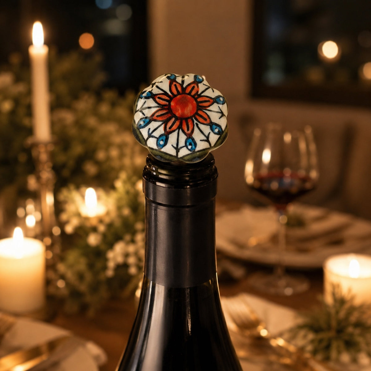 Ceramic Wine Bottle Stopper with Cork – Handcrafted Hand-Painted Floral Wine Stopper, Airtight Bottle Sealer for Wine & Bar | Decorative Wine Saver, Ideal Gift for Wine Lovers, Made in India