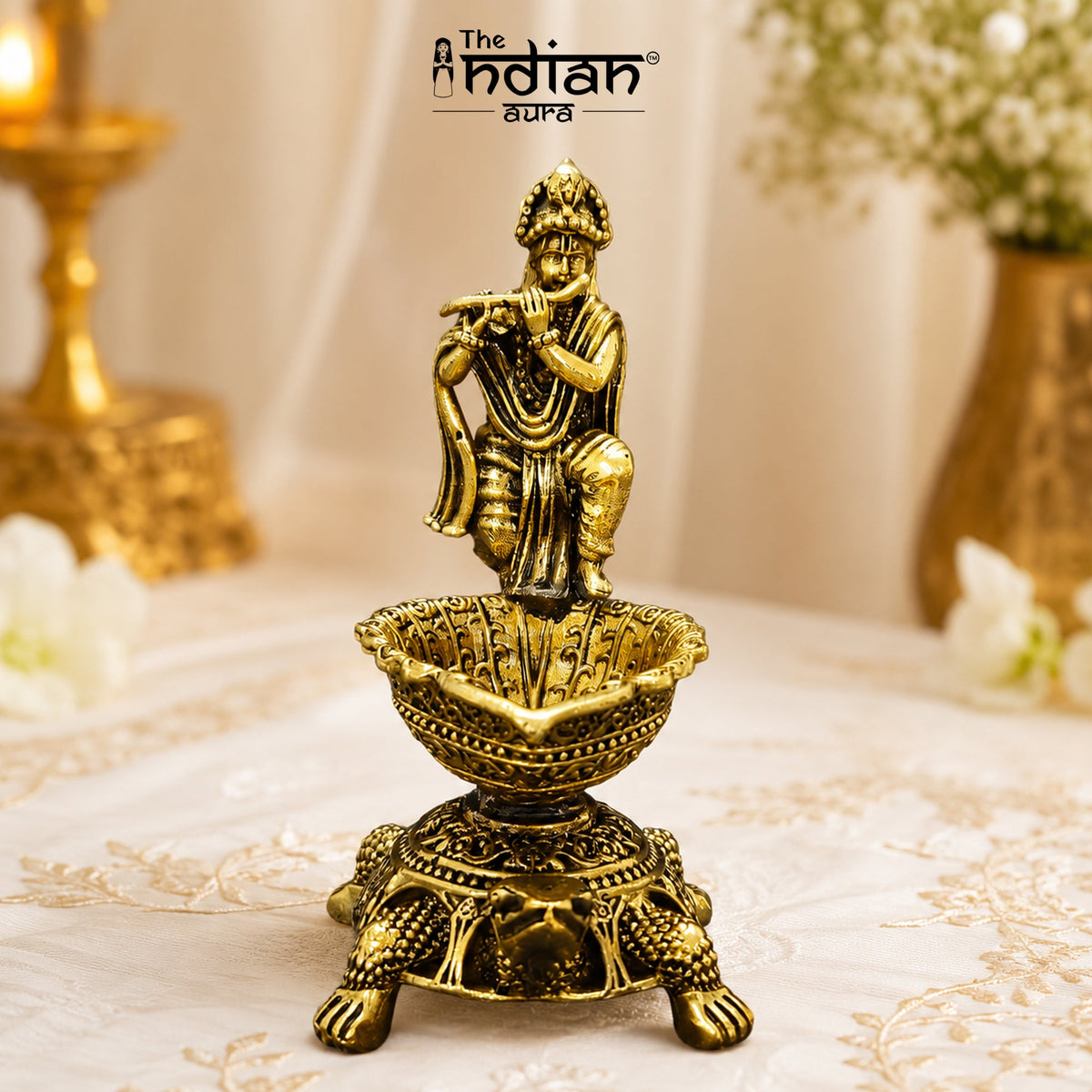 Brass Diya Oil Lamp with Turtle Base for Pooja Room, Mandir, Home Temple Décor & Spiritual Gift,Krishna Flute Player