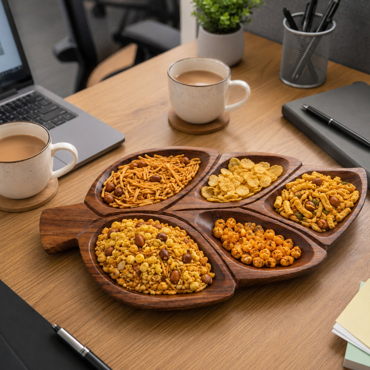 Leaf Shaped Wooden Serving Platter with 5 Compartments – Handcrafted Sheesham Wood Divided Tray for Dry Fruits, Snacks, Nuts & Cookies, Decorative Serving Dish | Ideal Housewarming & Diwali Gift