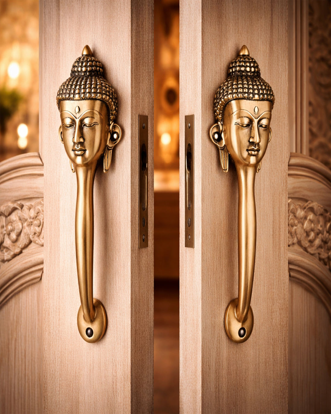 Wooden door with gold Buddha head handles