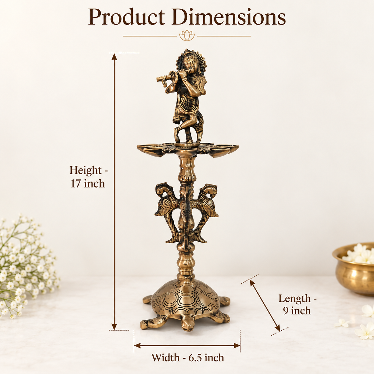 Brass Krishna Diya Stand with 7 Oil Holders β Antique Finish | The Indian Aura