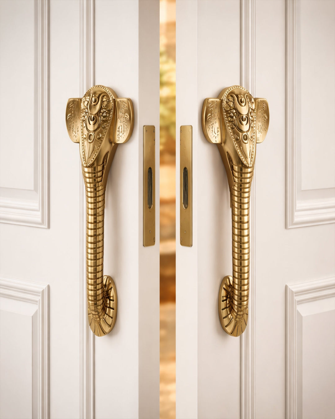 Golden Ganesha door handles on a white door.