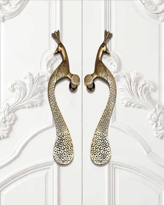 handcrafted brass door handle peacock Design.