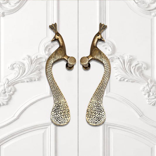 handcrafted brass door handle peacock Design.