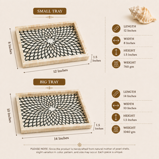 A dimension comparison graphic showing two wooden trays labeled SMALL TRAY and BIG TRAY, each containing a black spiral shell pattern, with size measurements and weights listed beside them on a white background.