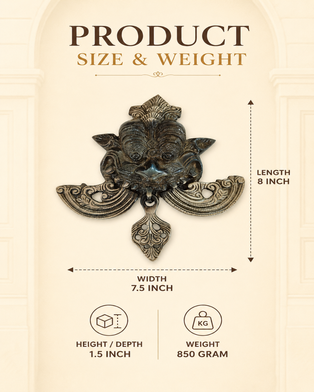 An ornate metal door knocker with a gothic or fantasy creature face design, shown with dimension lines and text indicating its size (8 inches by 7.5 inches), weight (850 grams), and depth (1.