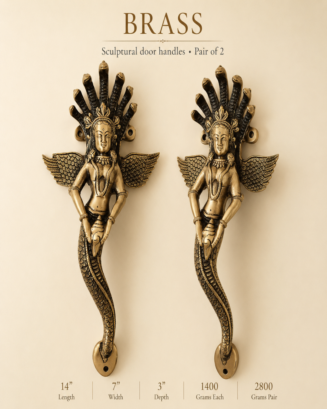 A pair of brass sculptural door handles shaped like winged female figures with a serpent-like lower body, shown on a beige background with text reading 'BRASS' and product dimensions and weight details below.