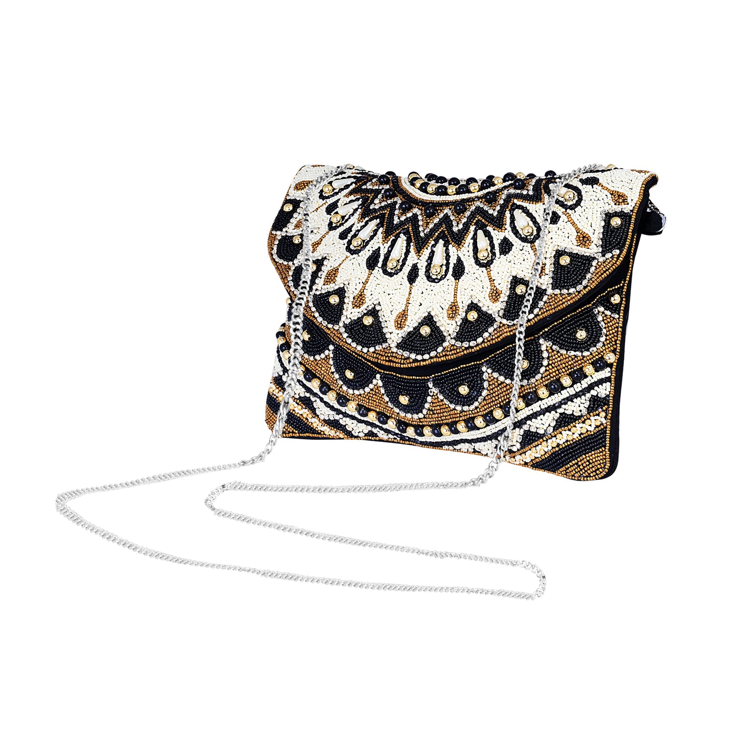 Handcrafted Crystal Maniac Black & White Beaded Sling Bag