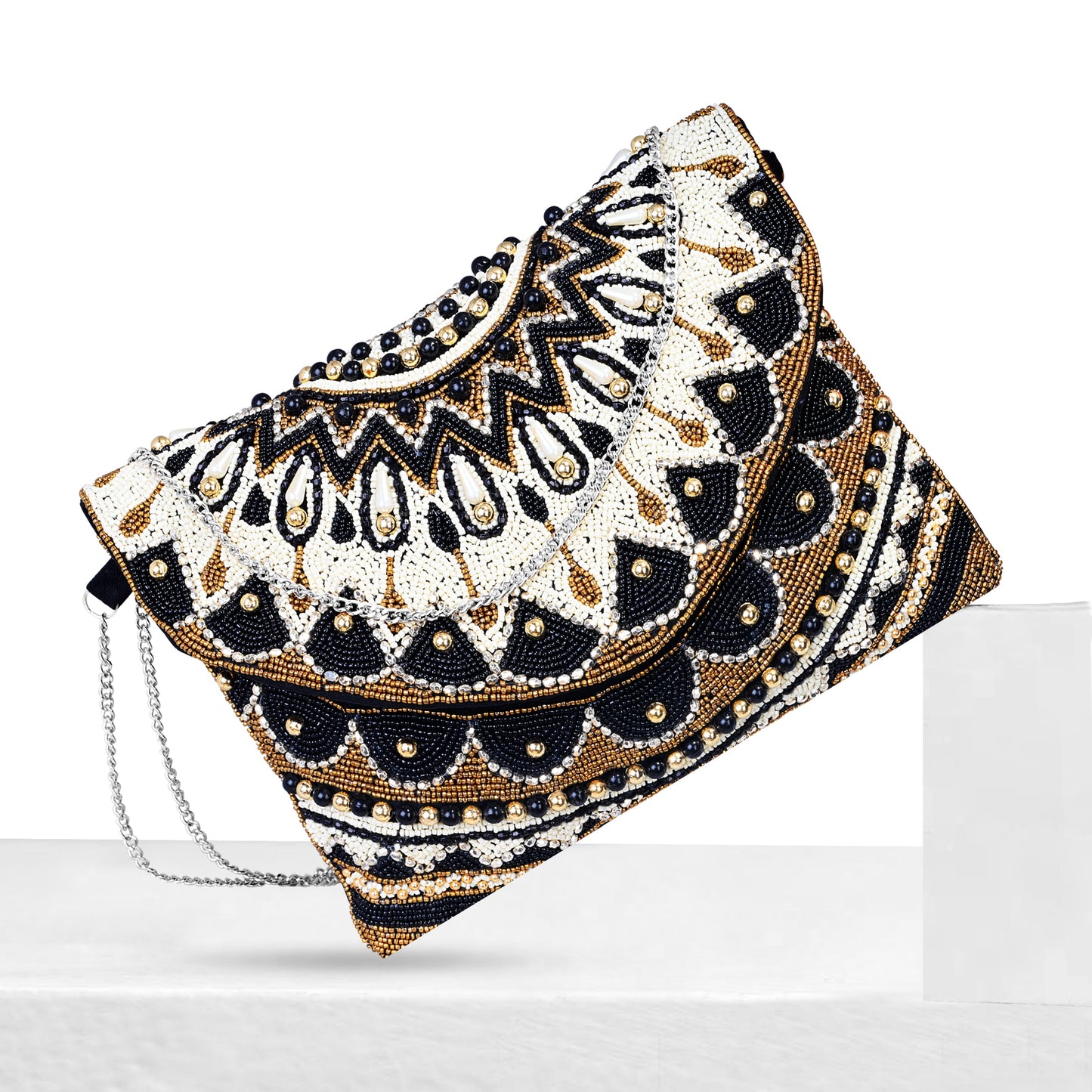 Handcrafted Crystal Maniac Black & White Beaded Sling Bag