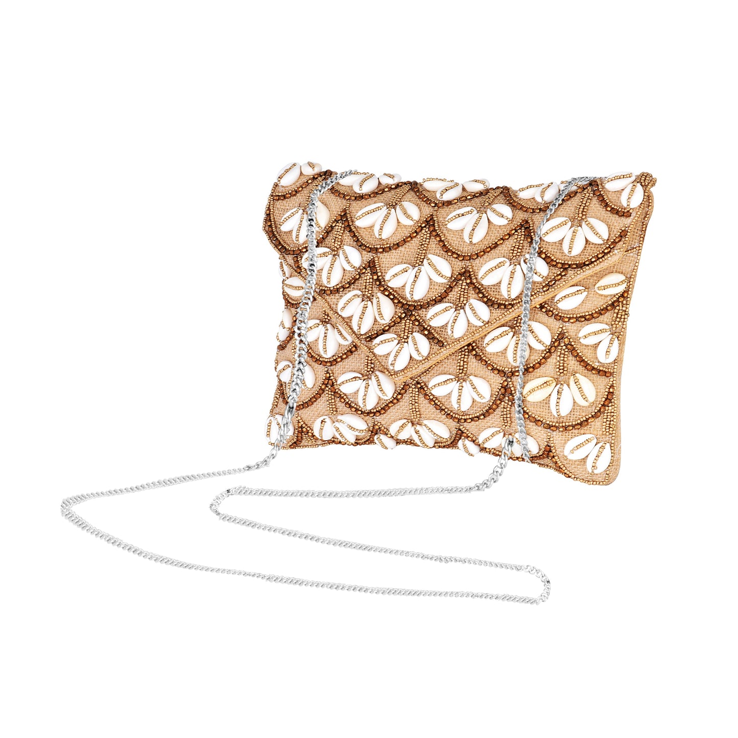 Handcrafted Golden Beaded And Heavy Shell Sling Bag