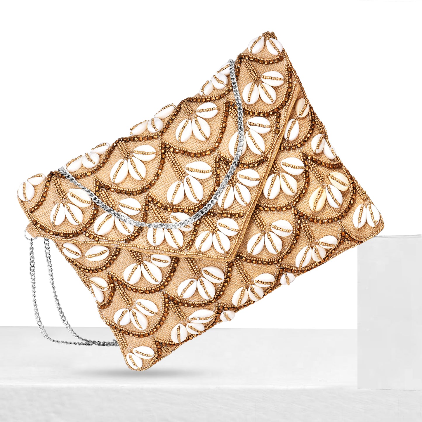 Handcrafted Golden Beaded And Heavy Shell Sling Bag