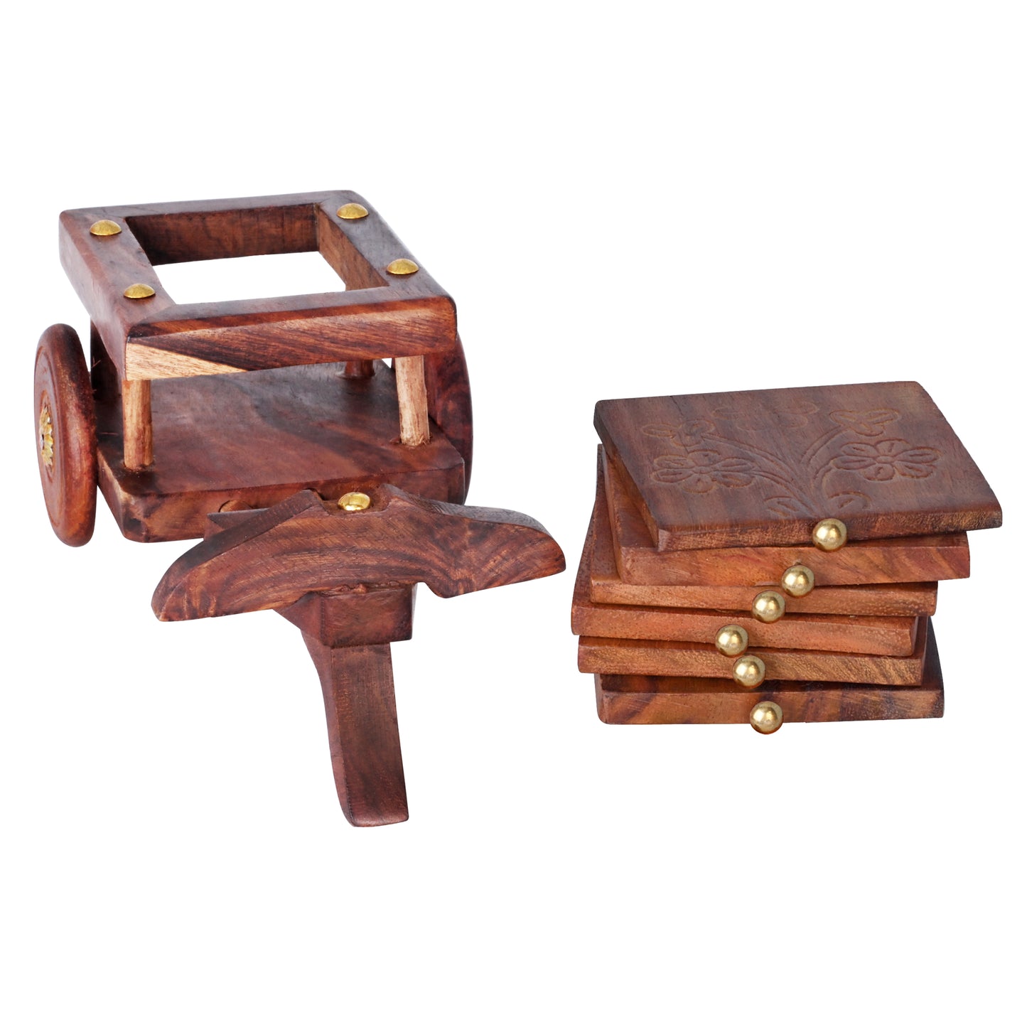 Wooden Trolley Coaster Set (Sheesham Wood)