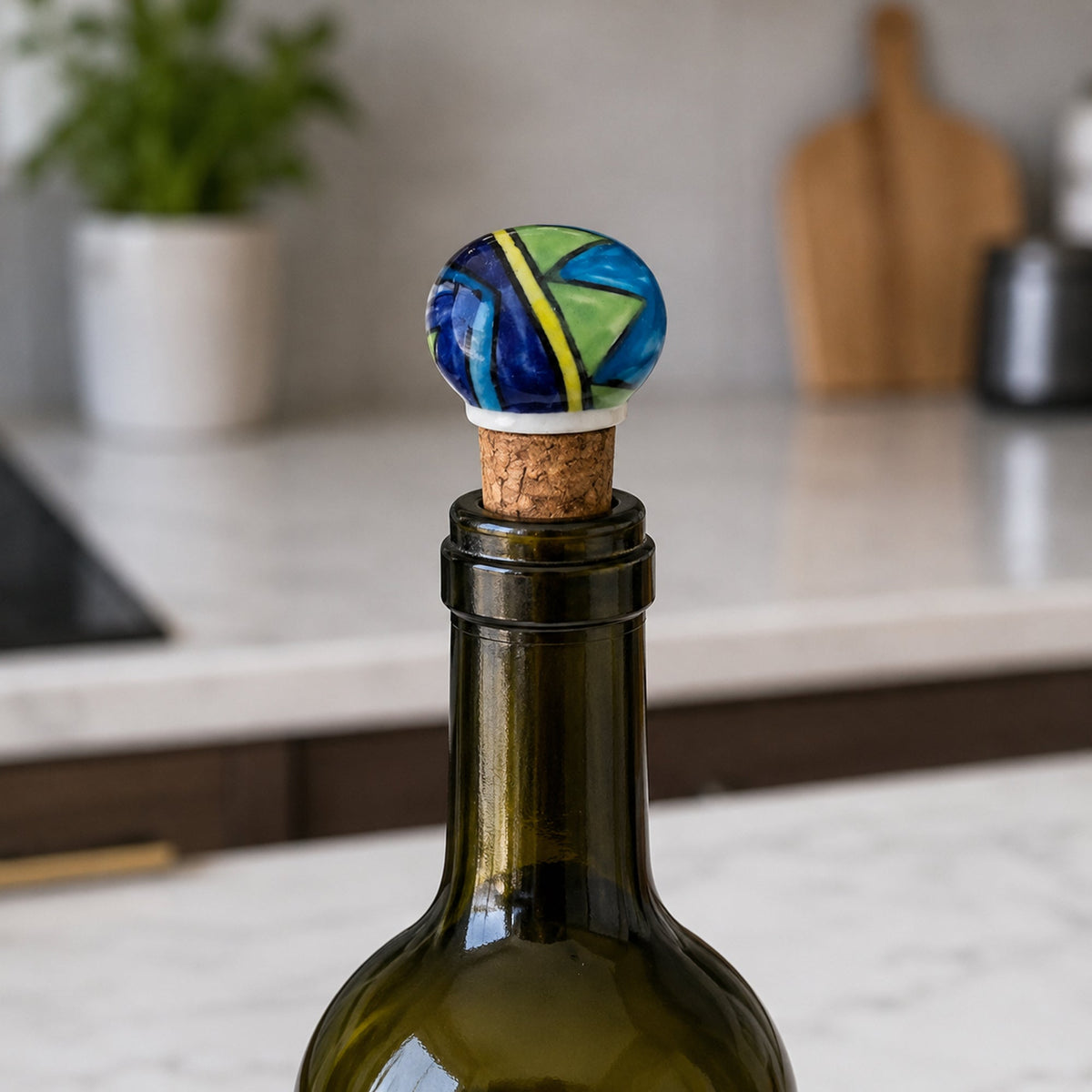 Handmade Ceramic Wine Bottle Stopper – Colorful Blue Green Abstract Design, Airtight Cork Seal, Gift for Wine Lovers