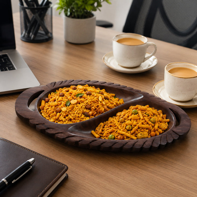 Wooden 2-Compartment Serving Tray with Handles – Handcrafted Divided Platter for Dry Fruits, Snacks, Nuts & Cookies, Sheesham Wood Decorative Serving Dish | Ideal Housewarming & Diwali Gift