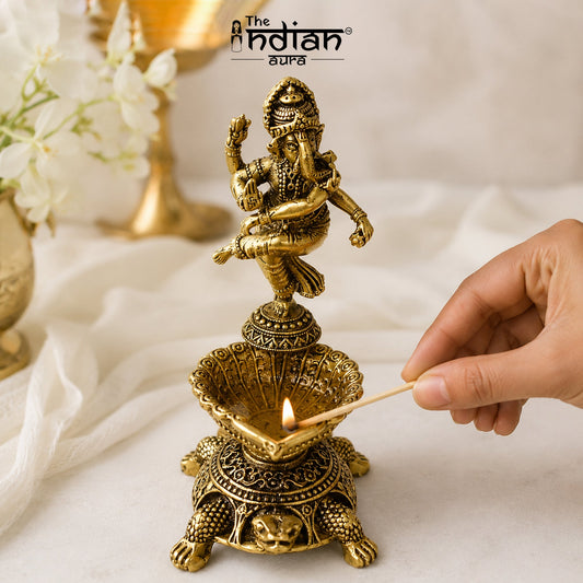 Pure Brass Dancing Ganesha Diya Oil Lamp Holder | Antique Gold Finish, Diya, Vastu Show piece, Puja Room Decor