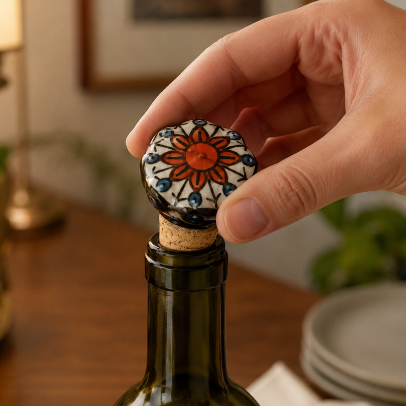 Ceramic Wine Bottle Stopper with Cork – Handcrafted Hand-Painted Floral Wine Stopper, Airtight Bottle Sealer for Wine & Bar | Decorative Wine Saver, Ideal Gift for Wine Lovers, Made in India