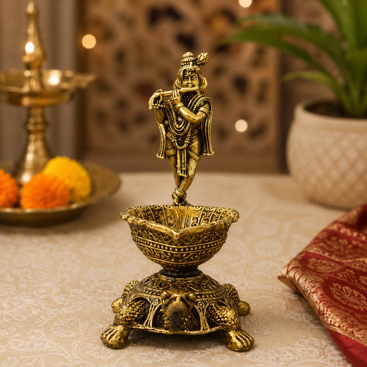 Brass Krishna Diya with Tortoise Base | Antique Finish, Pure Brass, 8.8cm Height, Pooja & Temple Decor, Deepam Oil Lamp