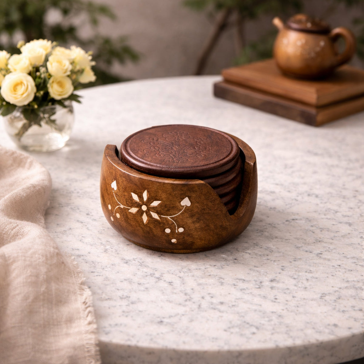 Rosewood Wooden Serving Tray with Matching Coaster (Set of 6) | The Indian Aura