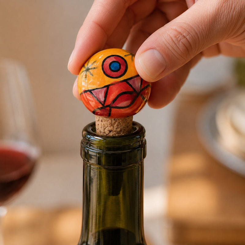Hand-Painted Ceramic Wine Bottle Stopper – Round Orange Abstract Cork Wine Saver
