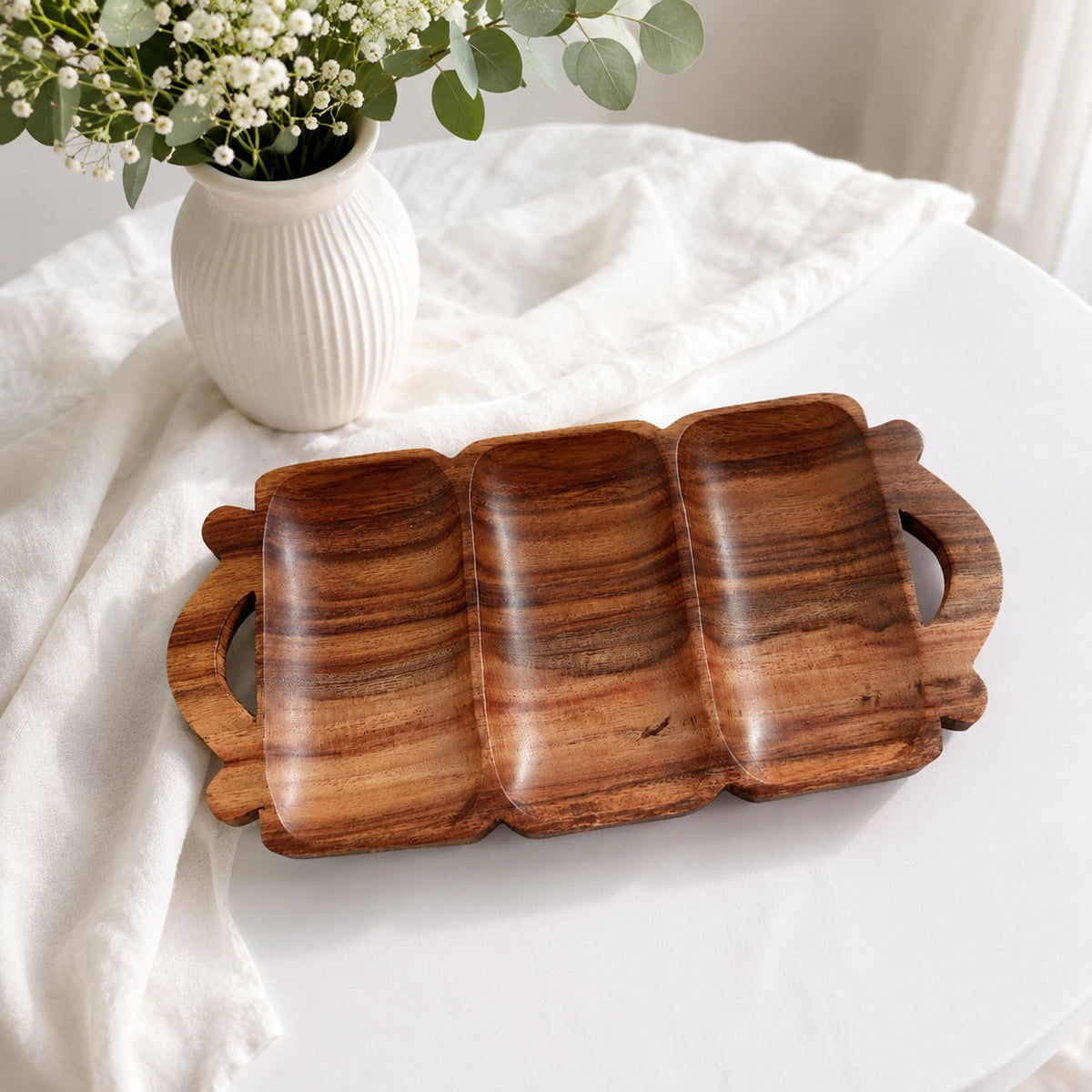 Wooden 3-Compartment Serving Tray with Handles – Handcrafted Sheesham Wood Divided Platter for Dry Fruits, Snacks, Nuts & Cookies, Decorative Serving Dish | Ideal Housewarming & Diwali Gift