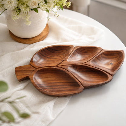 Leaf Shaped Wooden Serving Platter with 5 Compartments – Handcrafted Sheesham Wood Divided Tray for Dry Fruits, Snacks, Nuts & Cookies, Decorative Serving Dish | Ideal Housewarming & Diwali Gift