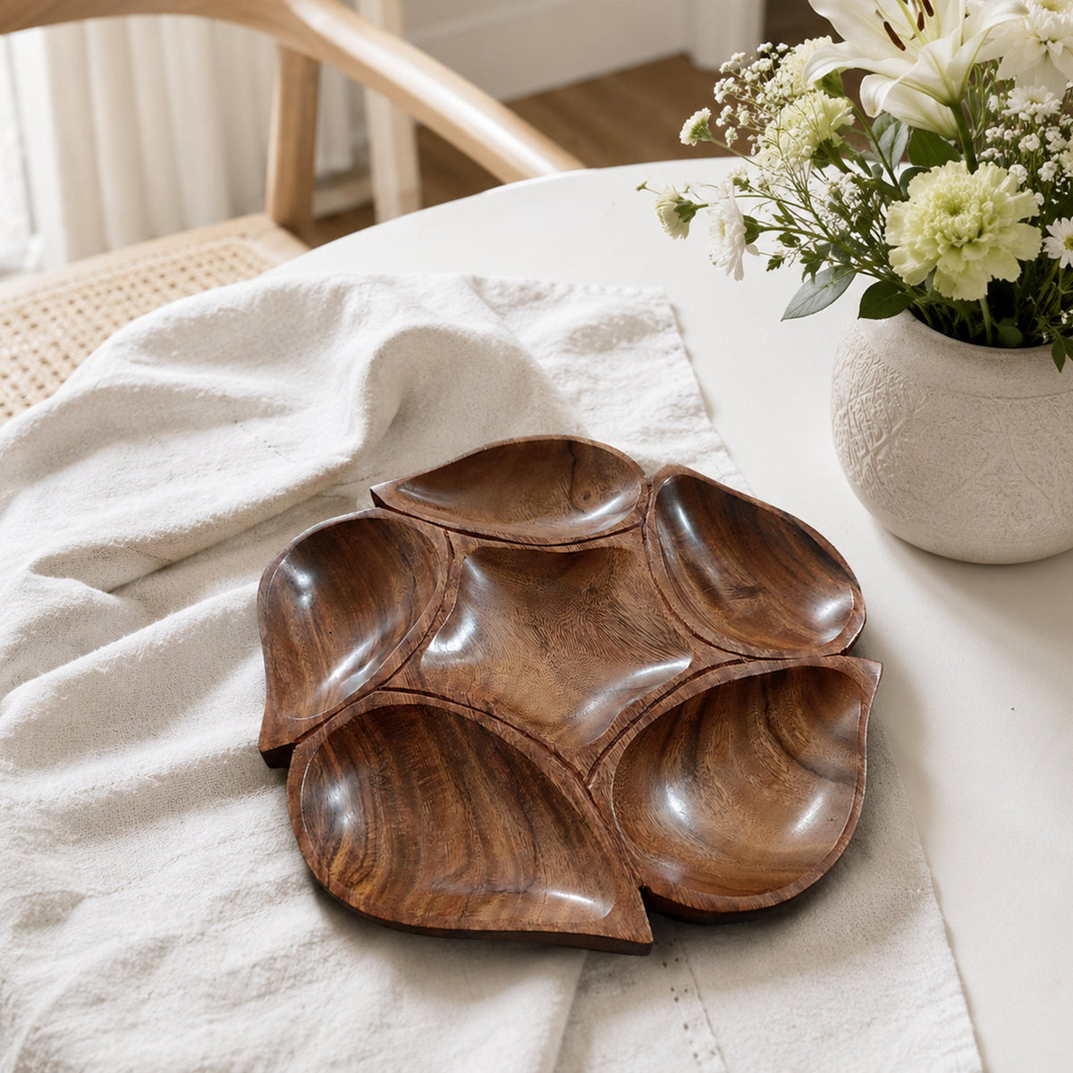 Flower Shaped Wooden Serving Platter with 6 Compartments – Handcrafted Sheesham Wood Divided Tray for Dry Fruits, Snacks, Nuts & Cookies, Decorative Serving Dish | Ideal Housewarming & Diwali Gift