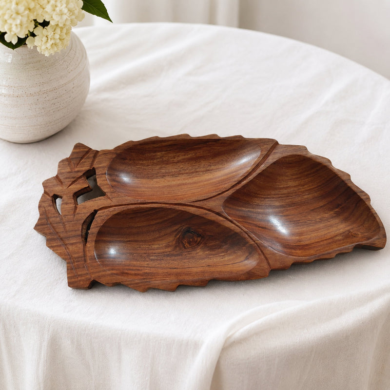 Leaf Shaped Wooden Serving Platter with 3 Compartments – Handcrafted Sheesham Wood Divided Tray for Dry Fruits, Snacks, Nuts & Cookies, Decorative Serving Dish | Ideal Housewarming & Diwali Gift