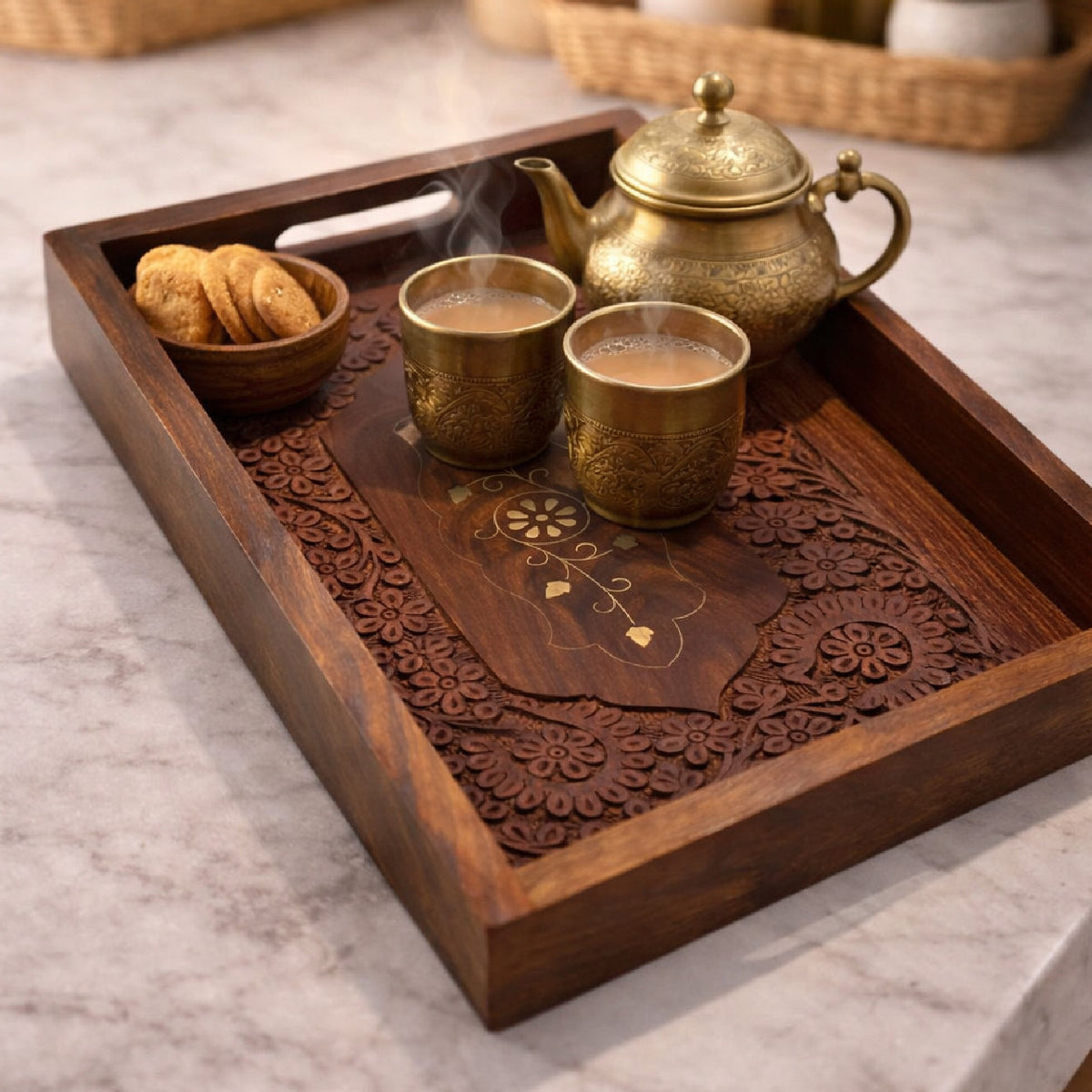 Handcrafted Rosewood Wooden Serving Trays Set of 2 | The Indian Aura