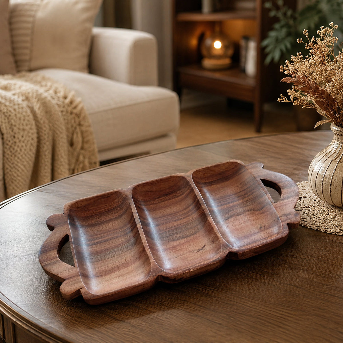 Wooden 3-Compartment Serving Tray with Handles – Handcrafted Sheesham Wood Divided Platter for Dry Fruits, Snacks, Nuts & Cookies, Decorative Serving Dish | Ideal Housewarming & Diwali Gift