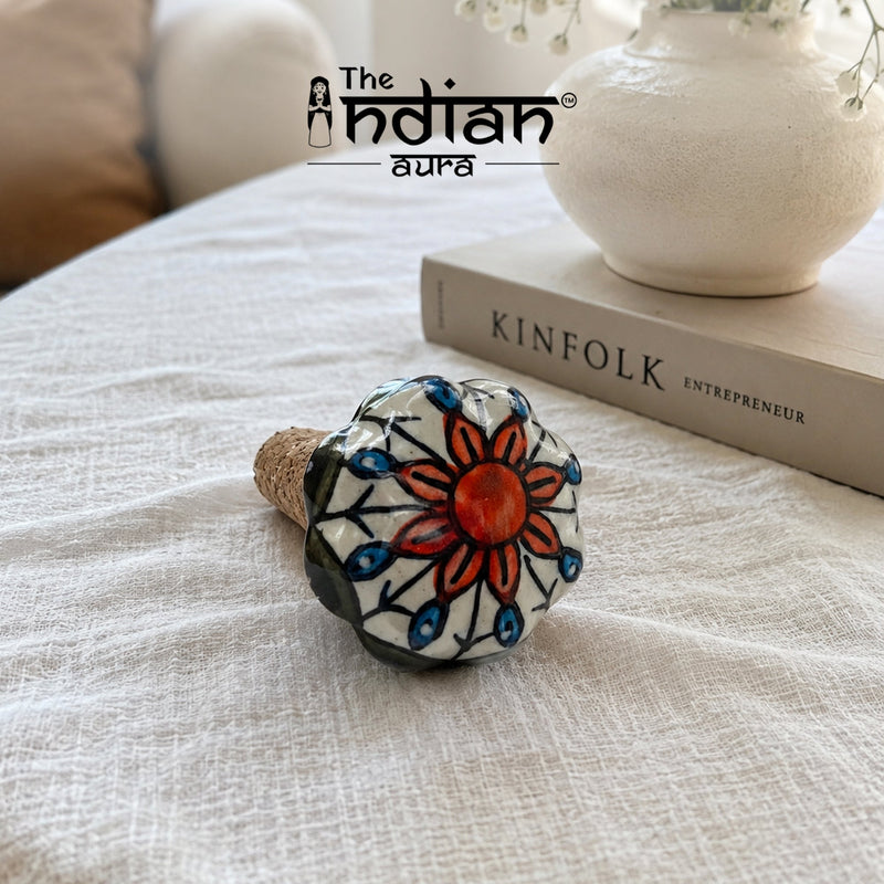 Ceramic Wine Bottle Stopper with Cork – Handcrafted Hand-Painted Floral Wine Stopper, Airtight Bottle Sealer for Wine & Bar | Decorative Wine Saver, Ideal Gift for Wine Lovers, Made in India