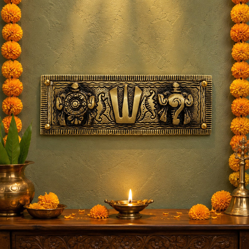 Brass Shankh Chakra Namah Wall Hanging Vaishnav Tilak Plaque | The Indian Aura