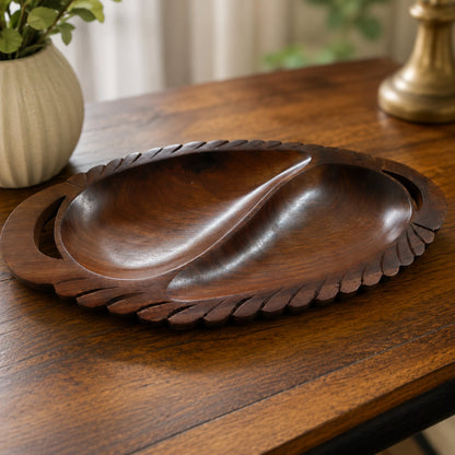 Wooden 2-Compartment Serving Tray with Handles – Handcrafted Divided Platter for Dry Fruits, Snacks, Nuts & Cookies, Sheesham Wood Decorative Serving Dish | Ideal Housewarming & Diwali Gift
