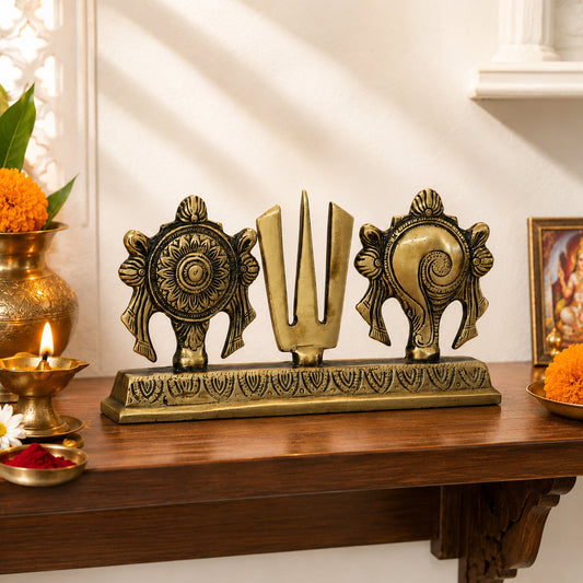 Brass Shankh Chakra Namam Statue with Stand | The Indian Aura
