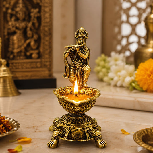 Brass Diya Oil Lamp with Turtle Base for Pooja Room, Mandir, Home Temple Décor & Spiritual Gift,Krishna Flute Player