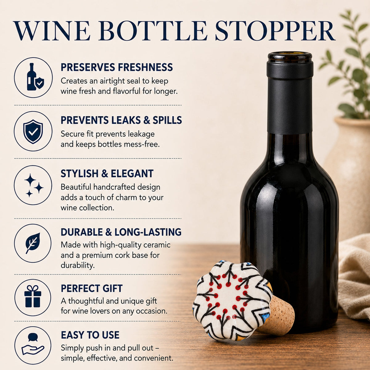 Ceramic Wine Bottle Stopper with Cork – Handcrafted Hand-Painted Red Berry Floral Wine Stopper, Airtight Bottle Sealer for Wine & Bar | Decorative Wine Saver, Ideal Gift for Wine Lovers, Made in India