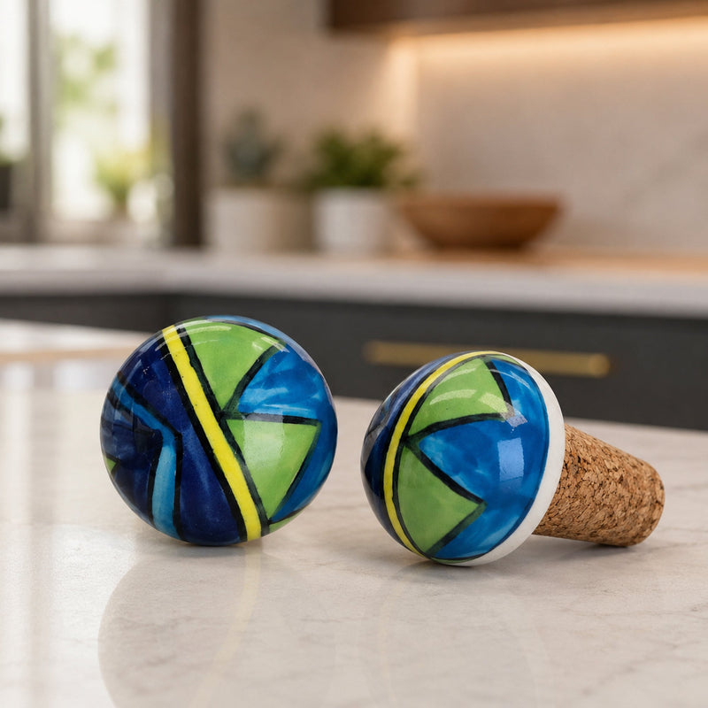 Handmade Ceramic Wine Bottle Stopper – Colorful Blue Green Abstract Design, Airtight Cork Seal, Gift for Wine Lovers