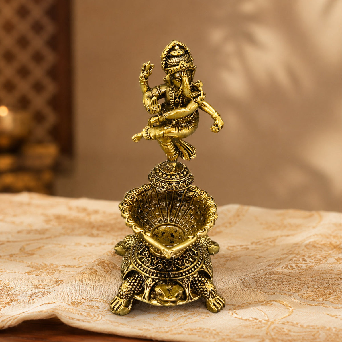 Pure Brass Dancing Ganesha Diya Oil Lamp Holder | Antique Gold Finish, Diya, Vastu Show piece, Puja Room Decor