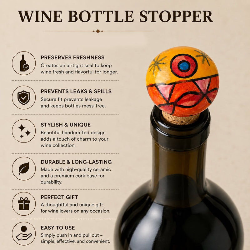Hand-Painted Ceramic Wine Bottle Stopper – Round Orange Abstract Cork Wine Saver