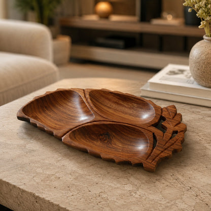 Leaf Shaped Wooden Serving Platter with 3 Compartments – Handcrafted Sheesham Wood Divided Tray for Dry Fruits, Snacks, Nuts & Cookies, Decorative Serving Dish | Ideal Housewarming & Diwali Gift