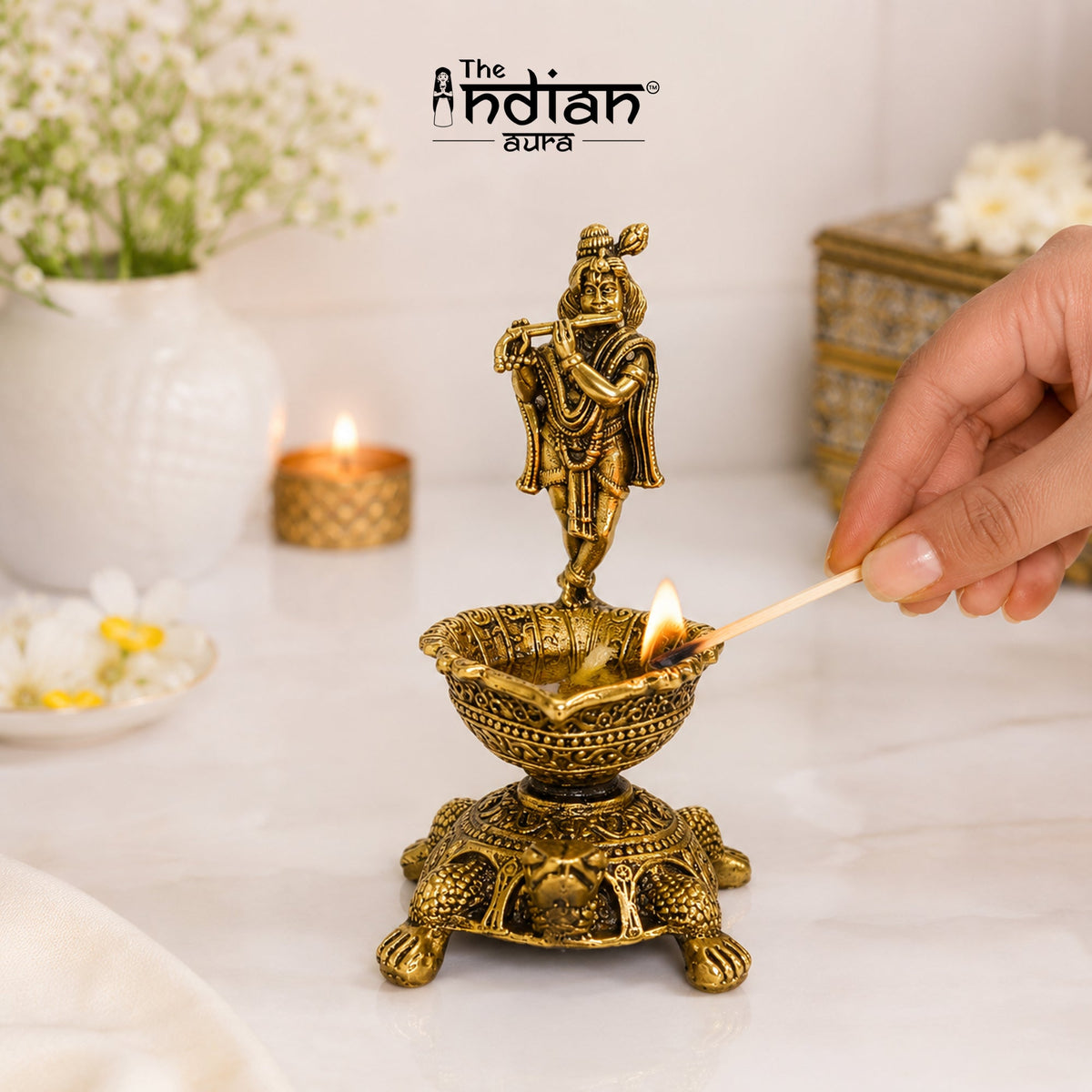 Brass Krishna Diya with Tortoise Base | Antique Finish, Pure Brass, 8.8cm Height, Pooja & Temple Decor, Deepam Oil Lamp