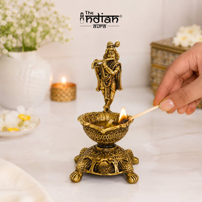 Brass Krishna Diya with Tortoise Base | Antique Finish, Pure Brass, 8.8cm Height, Pooja & Temple Decor, Deepam Oil Lamp