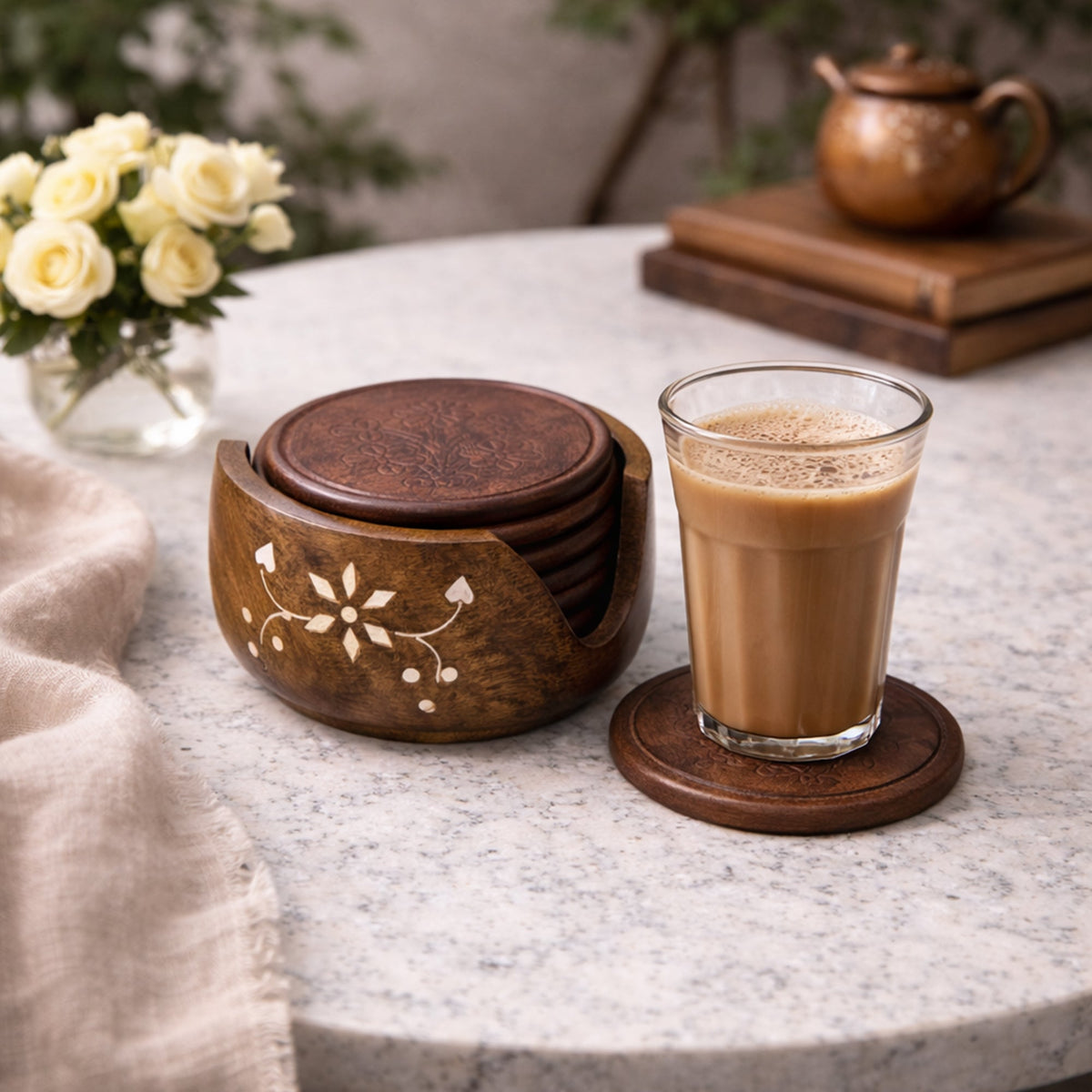 Rosewood Wooden Serving Tray with Matching Coaster (Set of 6) | The Indian Aura