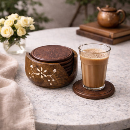 Rosewood Wooden Serving Tray with Matching Coaster (Set of 6) | The Indian Aura