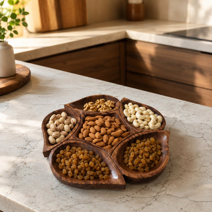 Flower Shaped Wooden Serving Platter with 6 Compartments – Handcrafted Sheesham Wood Divided Tray for Dry Fruits, Snacks, Nuts & Cookies, Decorative Serving Dish | Ideal Housewarming & Diwali Gift