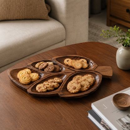 Leaf Shaped Wooden Serving Platter with 5 Compartments – Handcrafted Sheesham Wood Divided Tray for Dry Fruits, Snacks, Nuts & Cookies, Decorative Serving Dish | Ideal Housewarming & Diwali Gift
