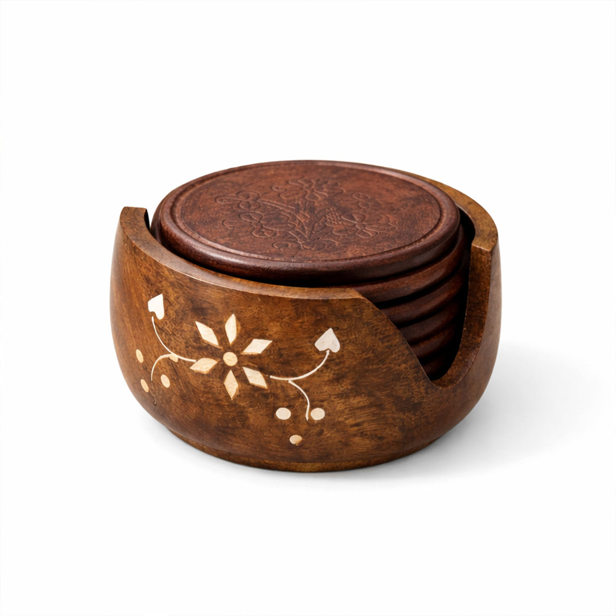 Rosewood Wooden Serving Tray with Matching Coaster (Set of 6) | The Indian Aura